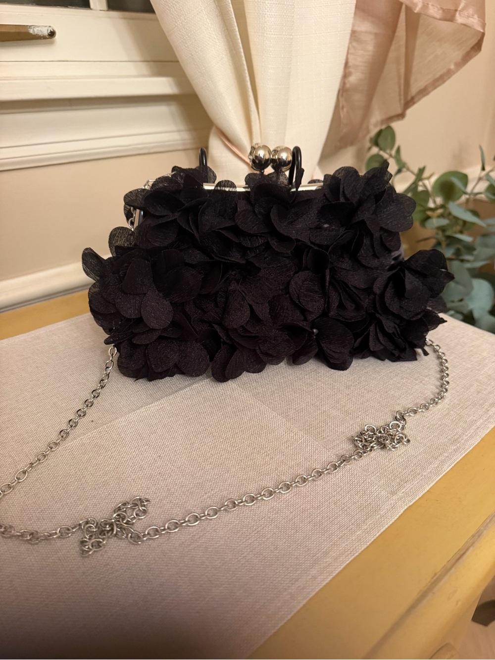 Black Floral Applique Evening Clutch with Chain (crossbody or shorter chain)NWOT